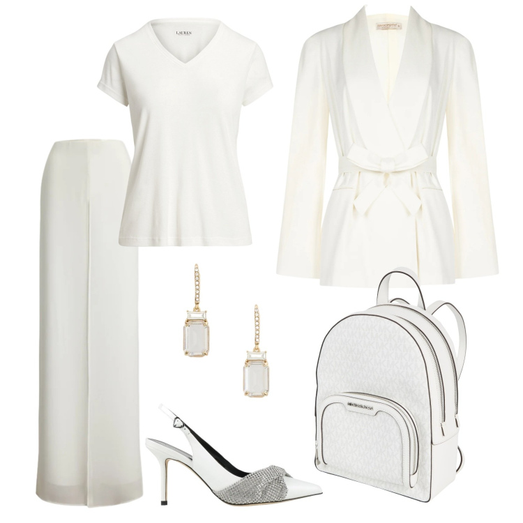 Outfit donna - Total look #2375854. Stile Casual chic per Serata fuori. Abbinamento con décolleté, zaini, blazer, orecchini, pantaloni, t-shirt.