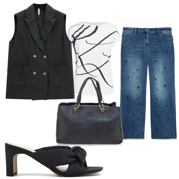 Outfit donna - Total look #2375858. Stile Casual chic per Serata fuori. Abbinamento con jeans dritti, gilet, maglieria, sandali col tacco, borse a mano.
