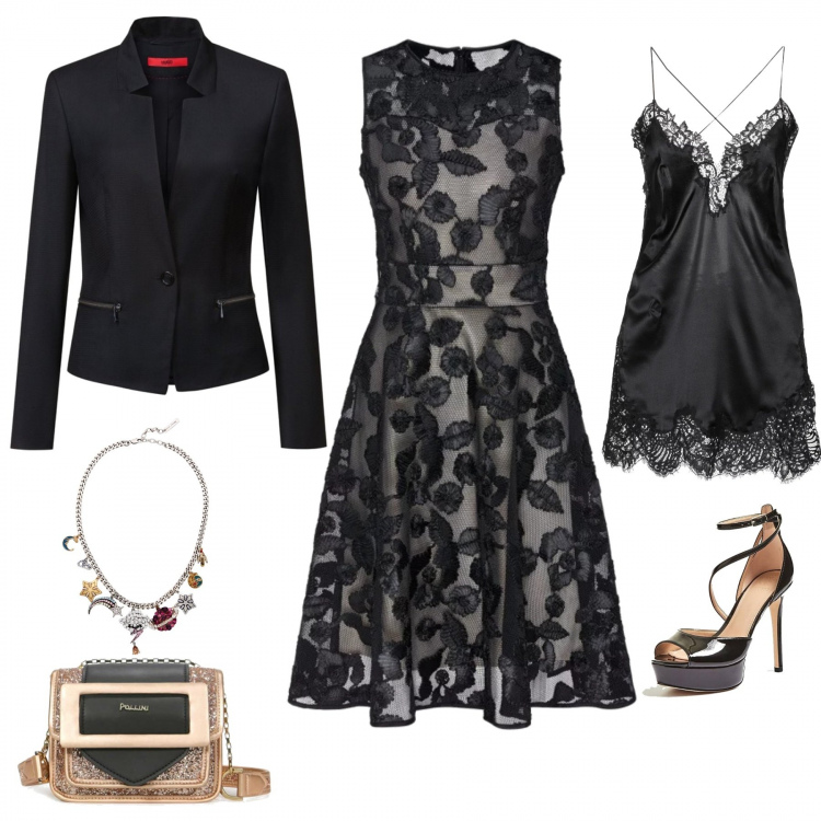 Outfit donna - Bon Ton #1925. Stile Bon Ton Abbinamento con sottoveste con pizzo scollatura profonda in raso tinta unita, collana con strass in ottone con gancio maglia, giacca collo con revers in cupro, vestito elegante con pizzo nero e multicolore, sandali con tacco, borsa a tracolla glitter.