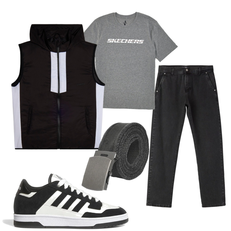 Outfit uomo - Total look #2375860. Stile Casual per Tutti i giorni. Abbinamento con piumini, cinture, jeans dritti, sneakers, t-shirt.