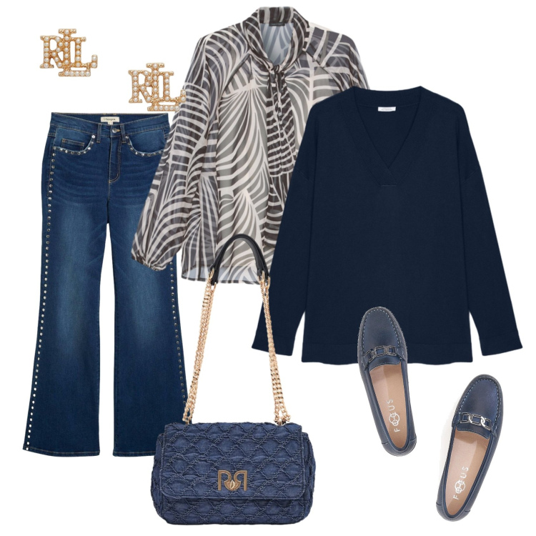 Outfit donna - Total look #2375861. Stile Casual chic per Ufficio. Abbinamento con jeans a zampa, bluse, maglieria, borse a spalla, orecchini, mocassini.