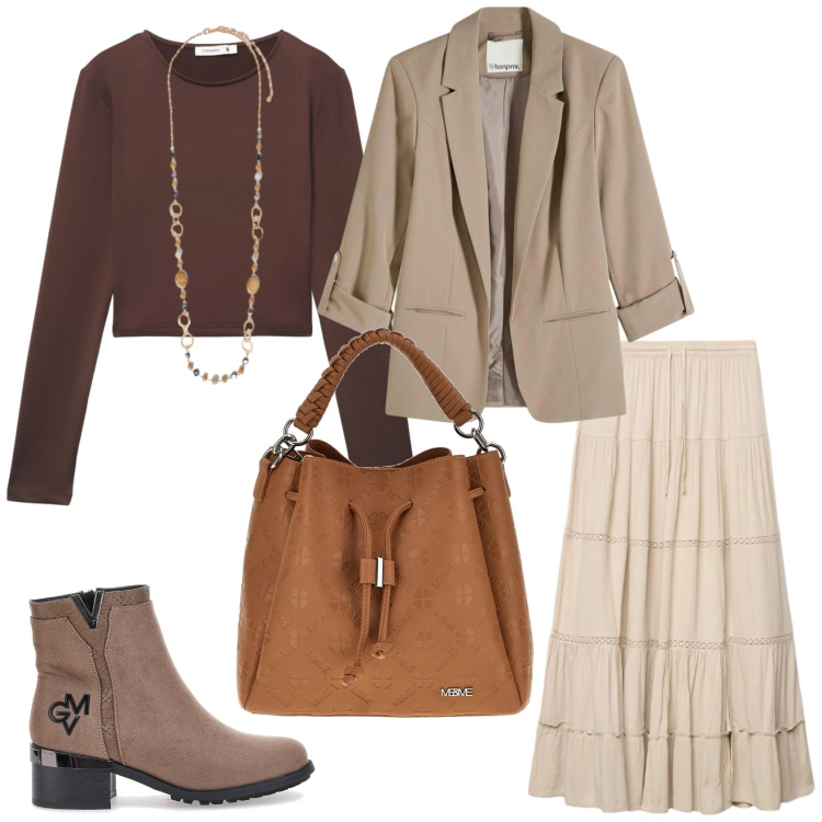 Outfit donna - Total look di primavera. Stile Casual chic per Ufficio. Abbinamento con blazer, collane, stivaletti, gonne lunghe, t-shirt, borse a tracolla.