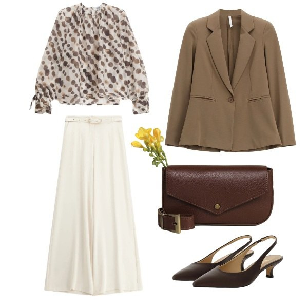 Outfit donna - Spring in brown. Stile Casual chic per Tutti i giorni. Abbinamento con bluse, blazer, pantaloni a palazzo, décolleté, borse a tracolla.