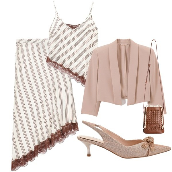 Outfit donna - tra il rosa e il marrone. Stile Romantica per Tutti i giorni. Abbinamento con borse a secchiello, bolero, décolleté, top, gonne longuette.