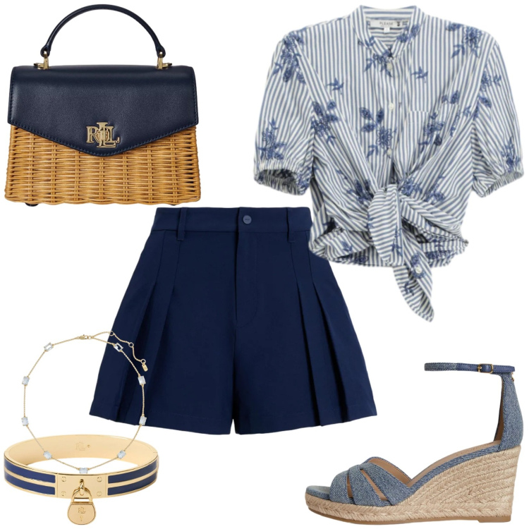 Outfit donna - Total look #2375871. Stile Casual chic per Tutti i giorni. Abbinamento con camicie a manica corta, borse a mano, braccialetti con ciondoli, zeppe, collane, minigonne.