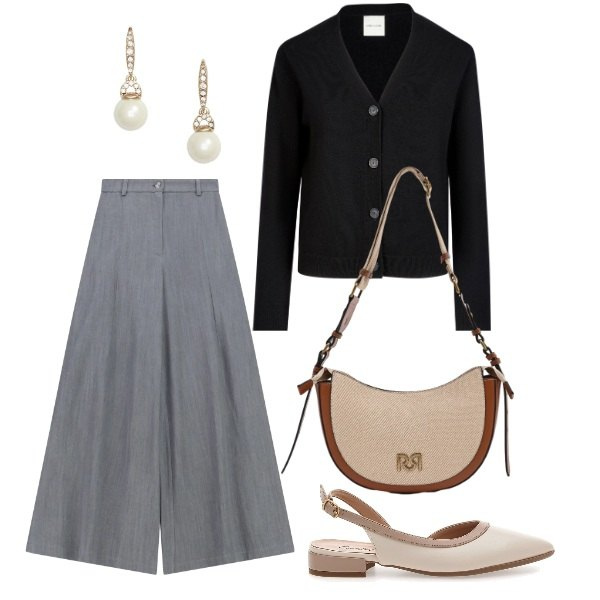 Outfit donna - Minimal chic. Stile Minimal per Tutti i giorni. Abbinamento con pantaloni a palazzo, borse a tracolla, orecchini, cardigans, ballerine.