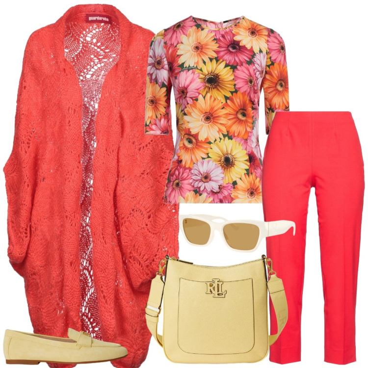 Outfit donna - Total look #2375875. Stile Casual per Tutti i giorni. Abbinamento con cardigans, pantaloni, top, mocassini, borse a tracolla, occhiali da sole.