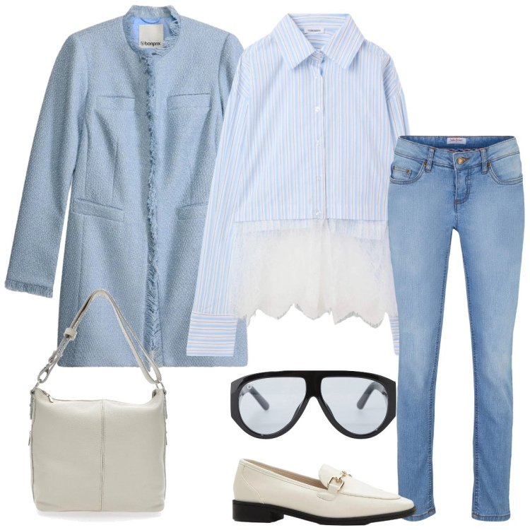 Outfit donna - Total look #2375877. Stile Casual per Tutti i giorni. Abbinamento con jeans skinny, mocassini, blazer, occhiali da sole, camicie, borse a spalla.