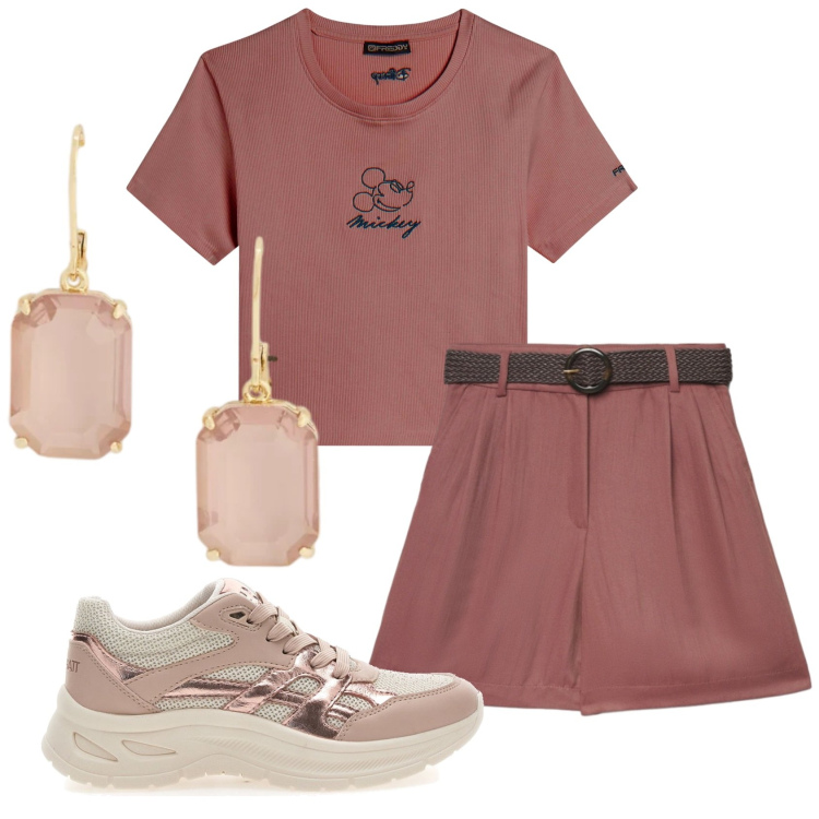 Outfit donna - Total look #2375878. Stile Basic per Tutti i giorni. Abbinamento con bermuda, t-shirt, orecchini, sneakers.