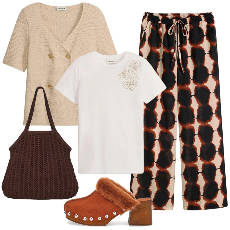 Outfit donna - Pantaloni larghi in fantasia batik. Stile Casual per Tutti i giorni. Abbinamento con t-shirt, cardigans, pantaloni, shopping bag, zoccoli.