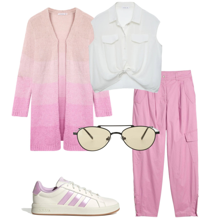 Outfit donna - Colori che illuminano. Stile Casual per Tutti i giorni. Abbinamento con pantaloni cargo, occhiali da sole, cardigans, camicie a manica corta, sneakers.