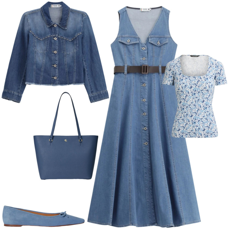 Outfit donna - Romantica in denim. Stile Romantica per Tutti i giorni. Abbinamento con blazer, vestiti midi/longuette, borse tote, ballerine, t-shirt.
