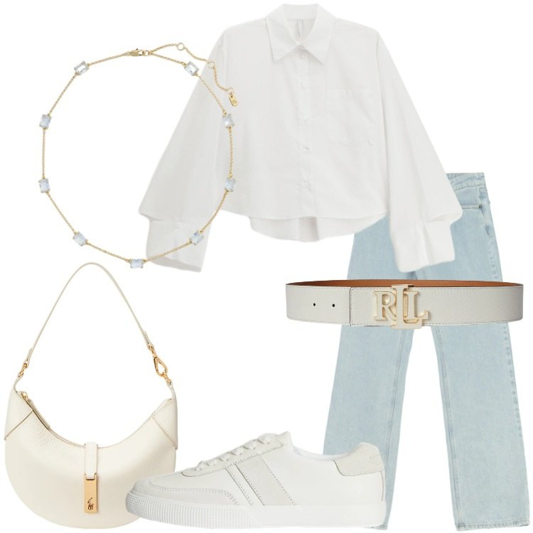 Outfit donna - Light as Cloud. Stile Urban per Tutti i giorni. Abbinamento con jeans dritti, camicie, cinture, sneakers, borse a spalla, collane.
