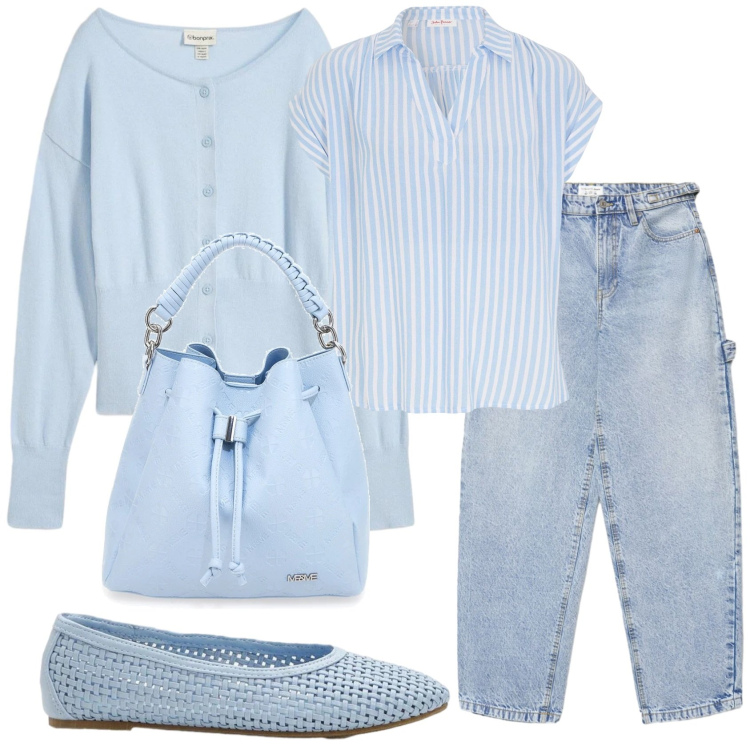 Outfit donna - Azzurrina. Stile Casual per Tutti i giorni. Abbinamento con ballerine, bluse, cardigans, jeans, borse a secchiello.
