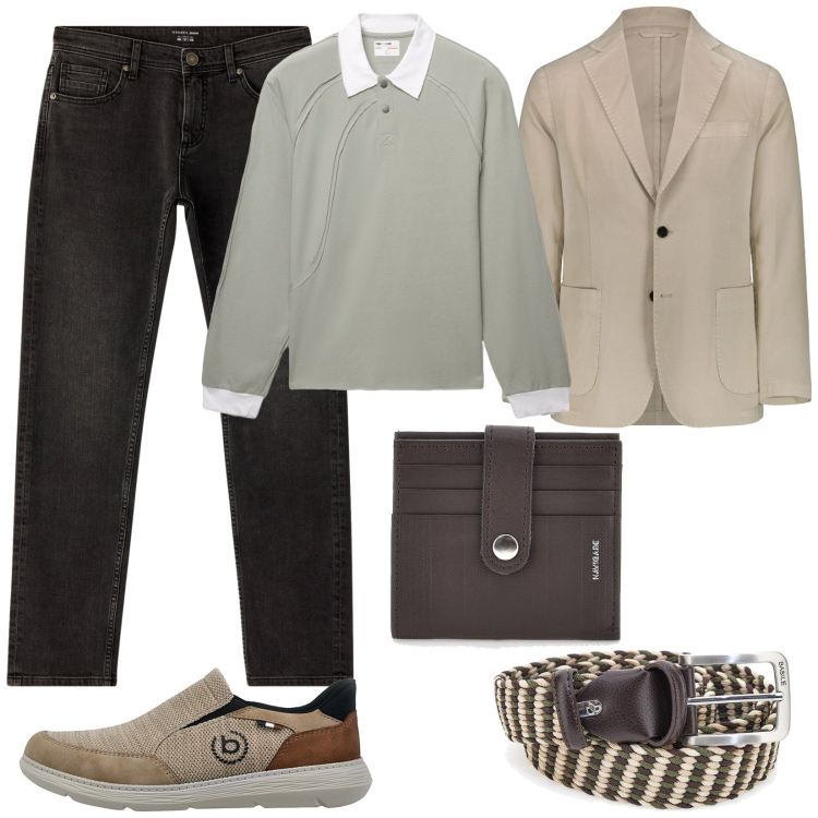 Outfit uomo - Giacca leggera. Stile Urban per Tutti i giorni. Abbinamento con giacche, portafogli, jeans, polo, cinture, scarpe stringate.