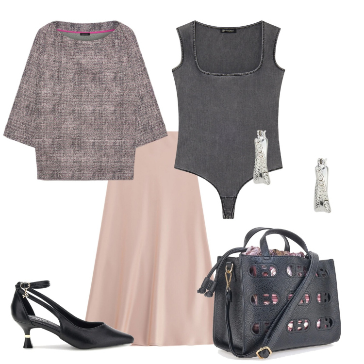 Outfit donna - Total look #2375889. Stile Casual chic per Ufficio. Abbinamento con felpe, gonne lunghe, body, orecchini, borse a mano, décolleté.