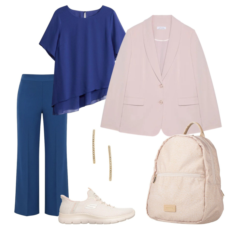 Outfit donna - Total look #2375890. Stile Casual chic per Ufficio. Abbinamento con zaini, bluse, blazer, pantaloni a palazzo, orecchini, sneakers.