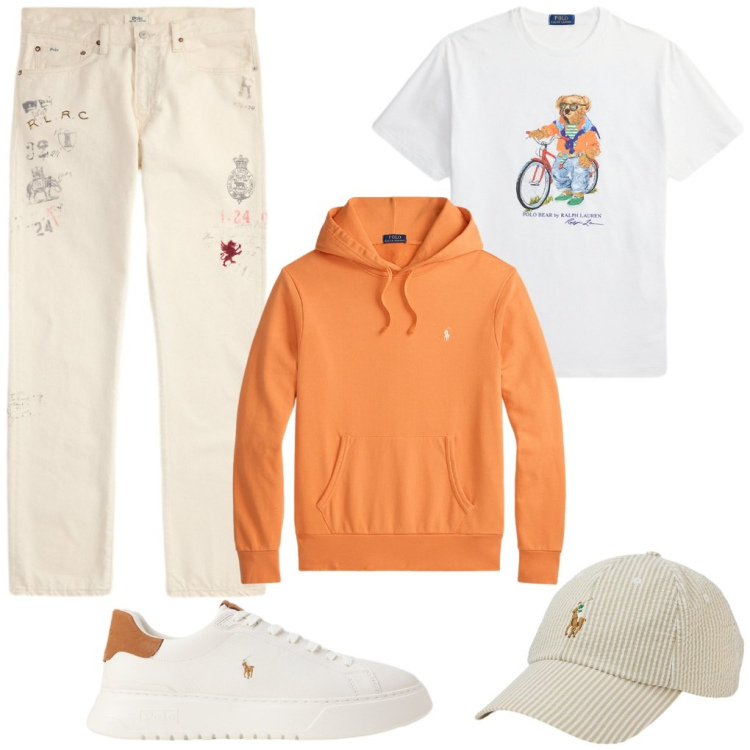 Outfit uomo - #felpa.arancione. Stile Urban per Tutti i giorni. Abbinamento con felpe con cappuccio, jeans dritti, t-shirt, sneakers, cappelli con visiera.