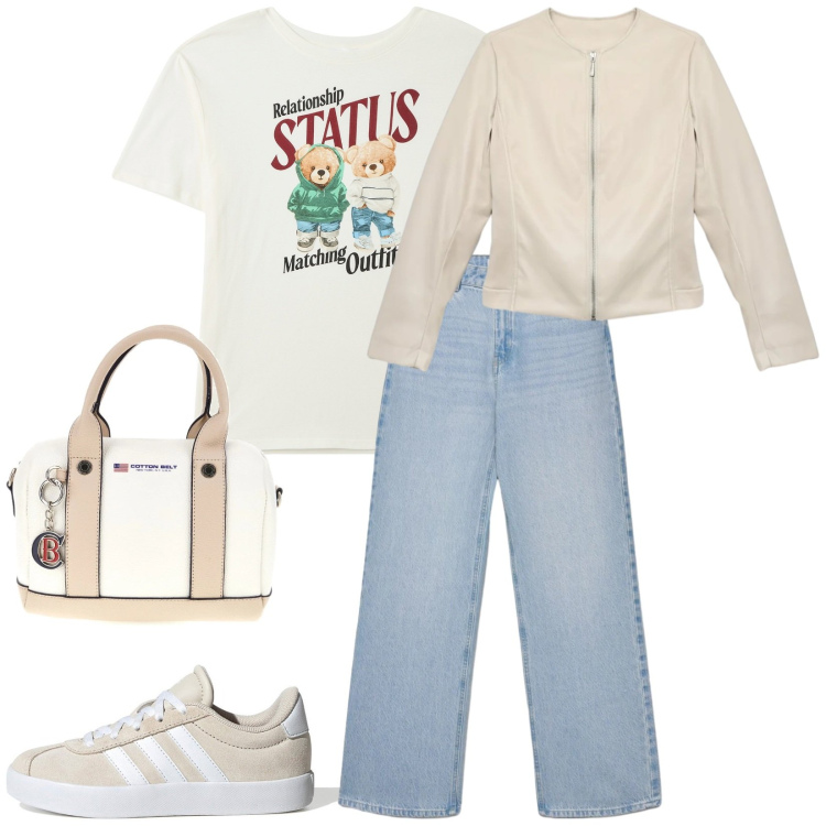 Outfit donna - Look idea. Stile Basic per Tutti i giorni. Abbinamento con t-shirt, giacche, jeans, sneakers, borse a mano.