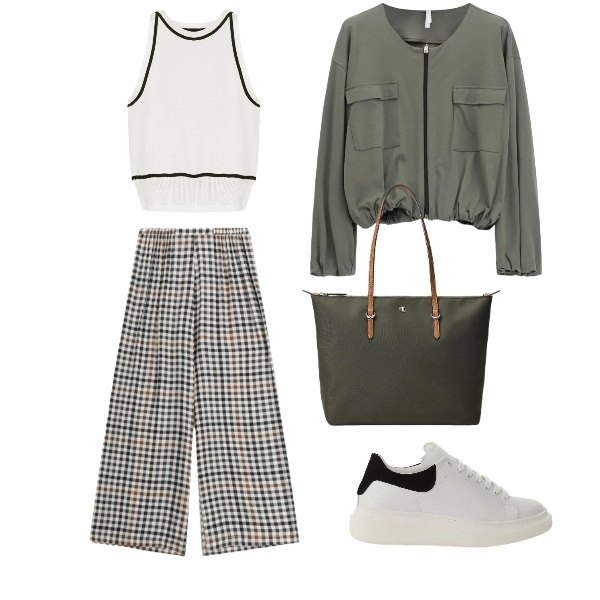 Outfit donna - sofisticata primavera. Stile Bon Ton per Tutti i giorni. Abbinamento con top, pantaloni a palazzo, sneakers, bomber, borse tote.
