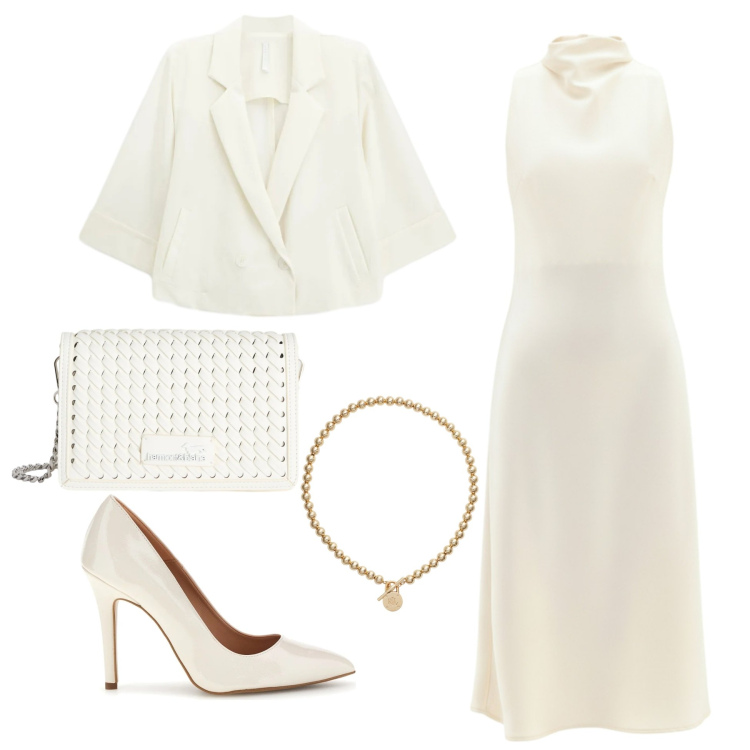 Outfit donna - Fascino bianco. Stile Chic per Cerimonia. Abbinamento con borse a tracolla, blazer, vestiti midi/longuette, collane, décolleté.