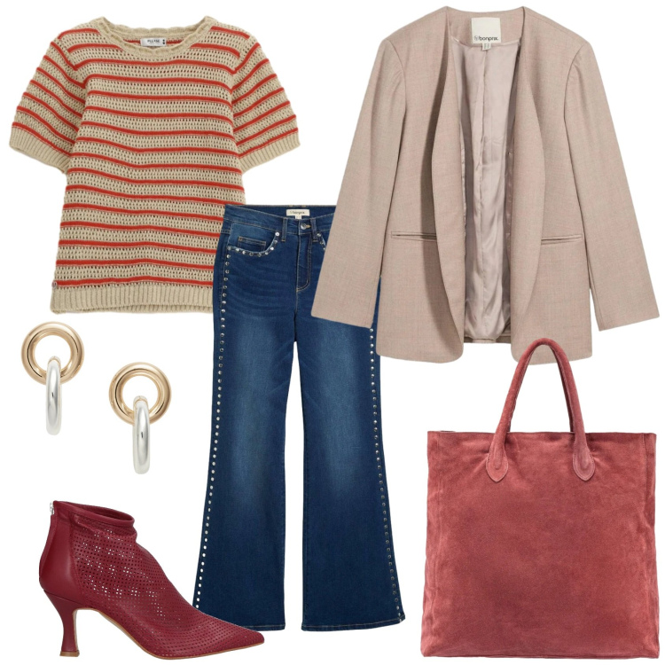 Outfit donna - Total look #2375905. Stile Casual chic per Ufficio. Abbinamento con stivaletti, jeans a zampa, blazer, t-shirt, orecchini, borse a mano.