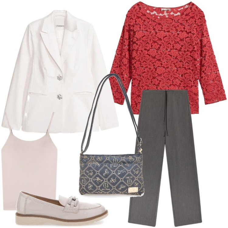 Outfit donna - Total look #2375906. Stile Casual chic per Ufficio. Abbinamento con bluse, blazer, mocassini, magliette intime, pantaloni, borse a tracolla.