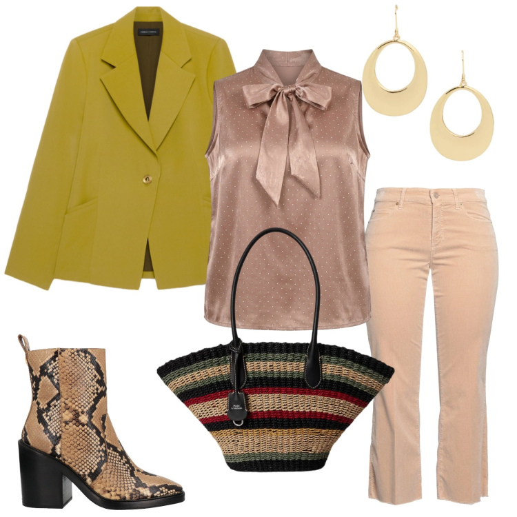 Outfit donna - Total look #2375914. Stile Boho per Ufficio. Abbinamento con pantaloni, stivaletti, blazer, canottiere, borse tote, orecchini.