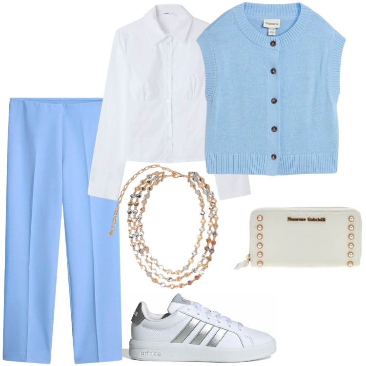 Outfit donna - Outfitinspiration. Stile Sporty chic per Tutti i giorni. Abbinamento con maglieria, pantaloni, collane, portafogli, camicie, sneakers.