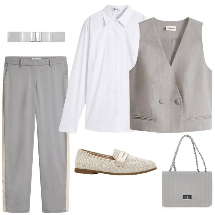 Outfit donna - Taglio maschile grigio. Stile Mannish per Ufficio. Abbinamento con camicie, mocassini, gilet, pantaloni, borse a tracolla, cinture.
