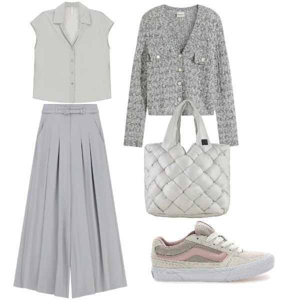 Outfit donna - sportiva e chic. Stile Sporty chic per Tutti i giorni. Abbinamento con cardigans, pantaloni a palazzo, camicie a manica corta, borse tote, sneakers.