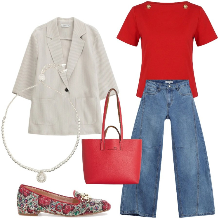 Outfit donna - Outfit che fa subito primavera. Stile Casual chic per Ufficio. Abbinamento con shopping bag, t-shirt, blazer, jeans, braccialetti, mocassini.