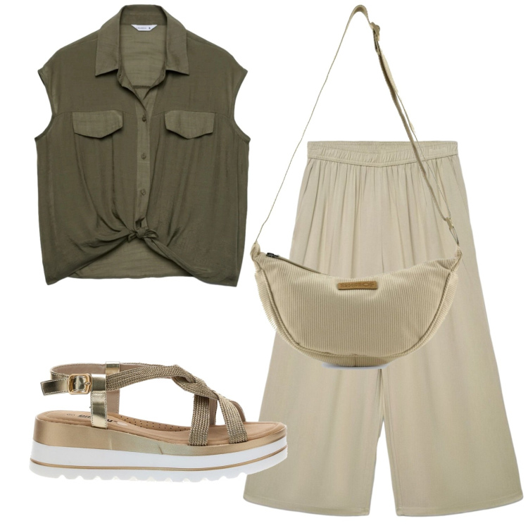 Outfit donna - Total look #2375928. Stile Basic per Tutti i giorni. Abbinamento con sandali col tacco, borse a tracolla, pantaloni a palazzo, camicie a manica corta.