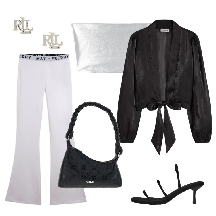 Outfit donna - Total look #2375930. Stile Rock per Serata fuori. Abbinamento con blazer, pantaloni, orecchini, top, sandali col tacco, borse a mano.