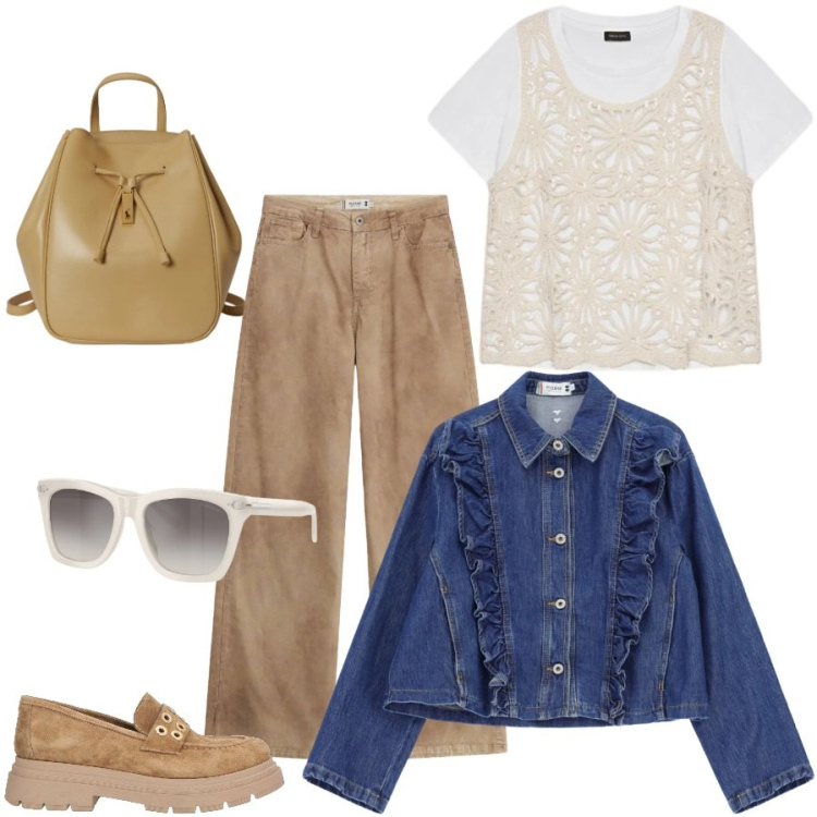 Outfit donna - Romantiche ruches. Stile Casual chic per Tutti i giorni. Abbinamento con mocassini, t-shirt, pantaloni a palazzo, blazer, occhiali da sole, zaini.