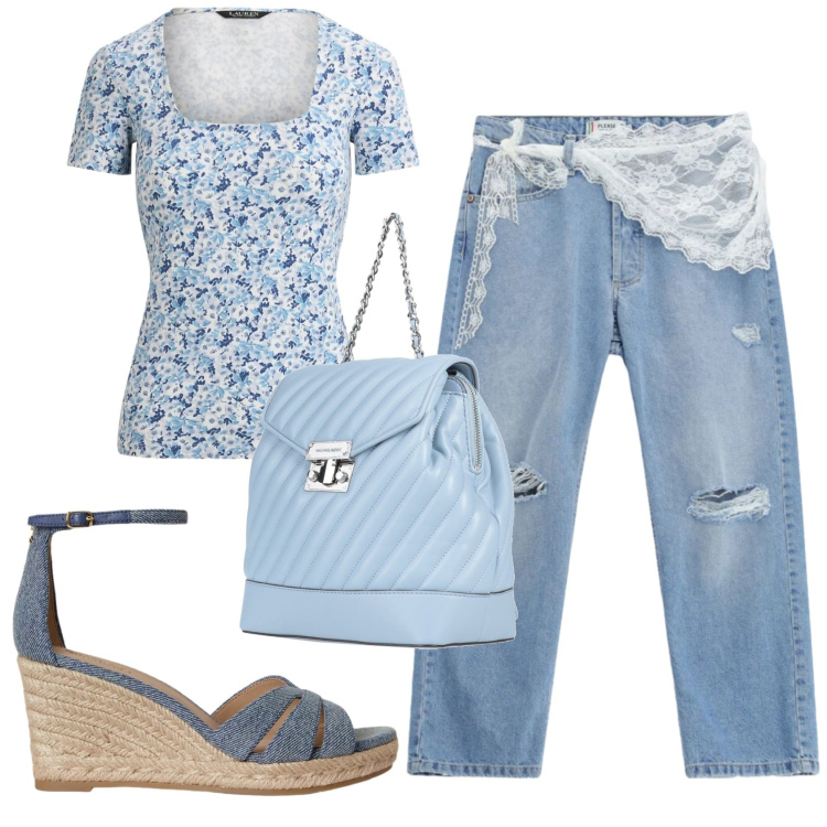 Outfit donna - Total look #2375932. Stile Romantica per Tutti i giorni. Abbinamento con zaini, jeans strappati, zeppe, t-shirt.