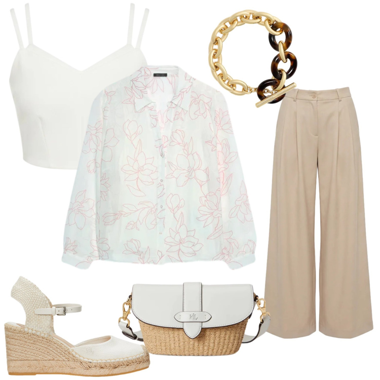 Outfit donna - Sogno Mediterraneo. Stile Casual chic per Tutti i giorni. Abbinamento con camicie, pantaloni, top, espadrillas, borse a spalla, braccialetti.