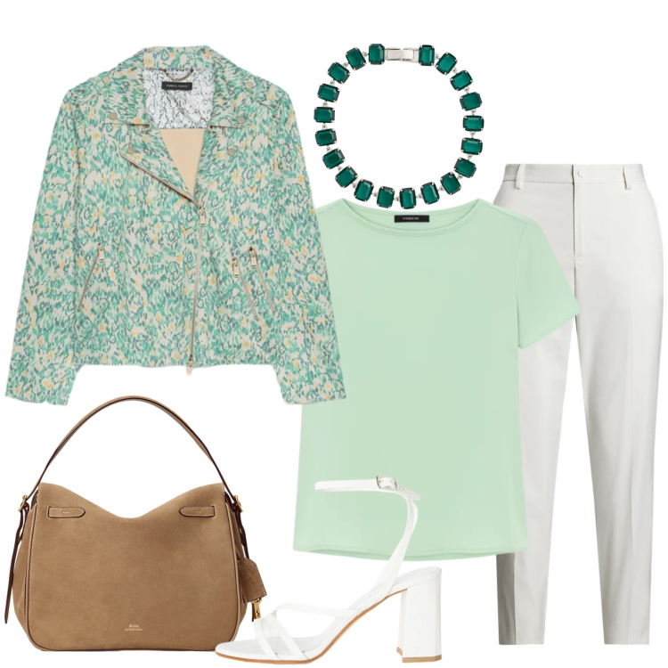 Outfit donna - Essenza di Menta. Stile Casual chic per Tutti i giorni. Abbinamento con blazer, sandali in pelle, bluse, pantaloni, borse a mano, braccialetti.