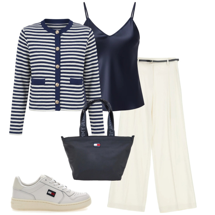 Outfit donna - Aprile. Stile Casual chic per Tutti i giorni. Abbinamento con pantaloni a palazzo, canottiere, cardigans, borse tote, sneakers.