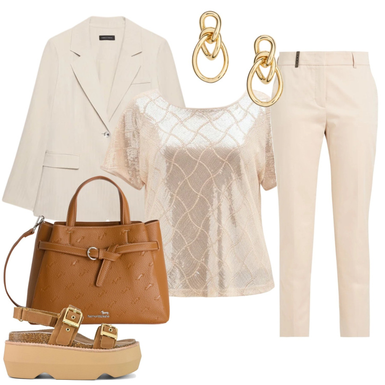 Outfit donna - Luminosità Urbana. Stile Casual chic per Tutti i giorni. Abbinamento con pantaloni, blazer, borse a mano, bluse, orecchini, sandali col tacco.