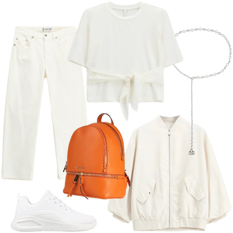 Outfit donna - Quasi Total white. Stile Casual per Tutti i giorni. Abbinamento con zaini, pantaloni, t-shirt, bomber, cinture, sneakers.