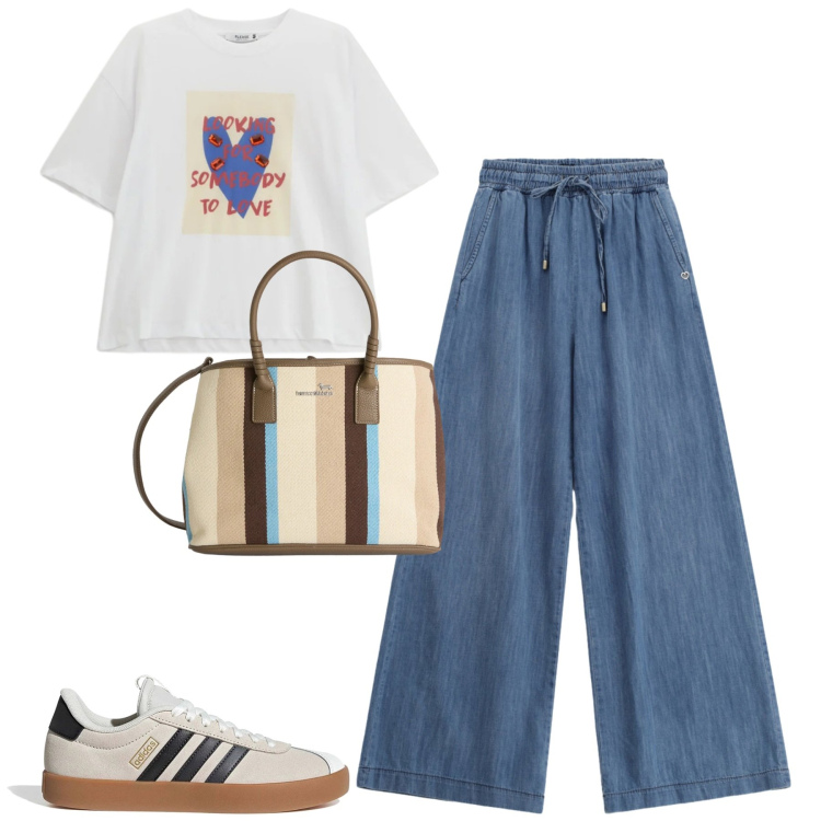 Outfit donna - Aprile. Stile Casual per Tutti i giorni. Abbinamento con jeans, t-shirt, shopping bag, sneakers.