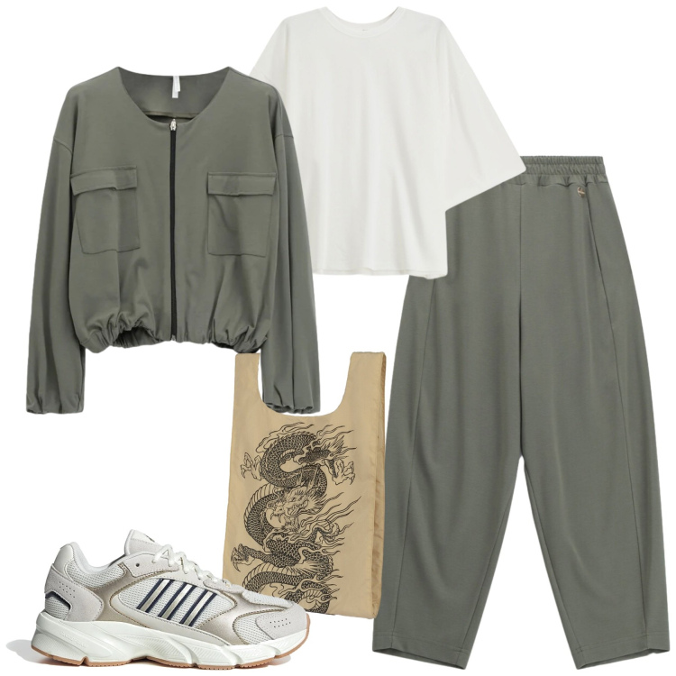Outfit donna - Aprile. Stile Casual per Tutti i giorni. Abbinamento con t-shirt, bomber, pantaloni, shopping bag, sneakers.