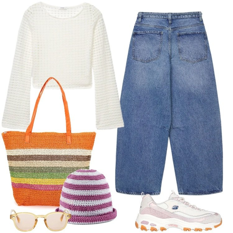 Outfit donna - Total look #2375945. Stile Boho per Mare. Abbinamento con occhiali da sole, jeans, shopping bag, maglieria, sneakers, berretti.