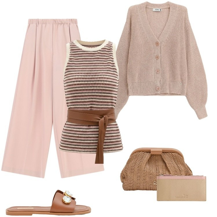 Outfit donna - Total look #2375947. Stile Boho per Mare. Abbinamento con cardigans, portafogli, pantaloni a palazzo, pochette, sandali gioiello, canottiere.