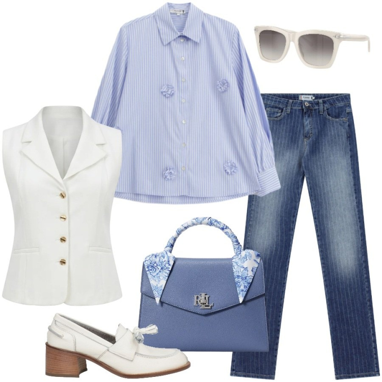 Outfit donna - Domenica di primavera. Stile Casual chic per Tutti i giorni. Abbinamento con mocassini, jeans, camicie, gilet, occhiali da sole, borse a mano.
