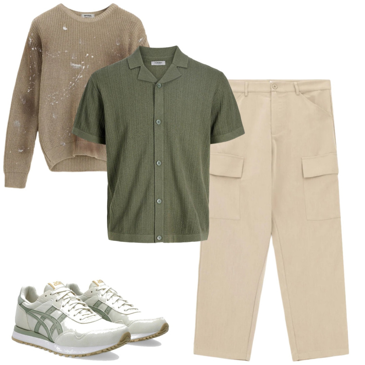 Outfit uomo - Un pranzo all\'aperto. Stile Casual per Tutti i giorni. Abbinamento con camicie a manica corta, maglieria, pantaloni cargo, sneakers.