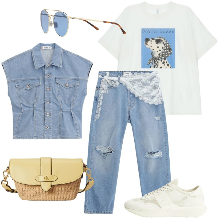 Outfit donna - Weekend. Stile Casual chic per Tutti i giorni. Abbinamento con gilet, jeans strappati, t-shirt, sneakers, borse a tracolla, occhiali da sole.