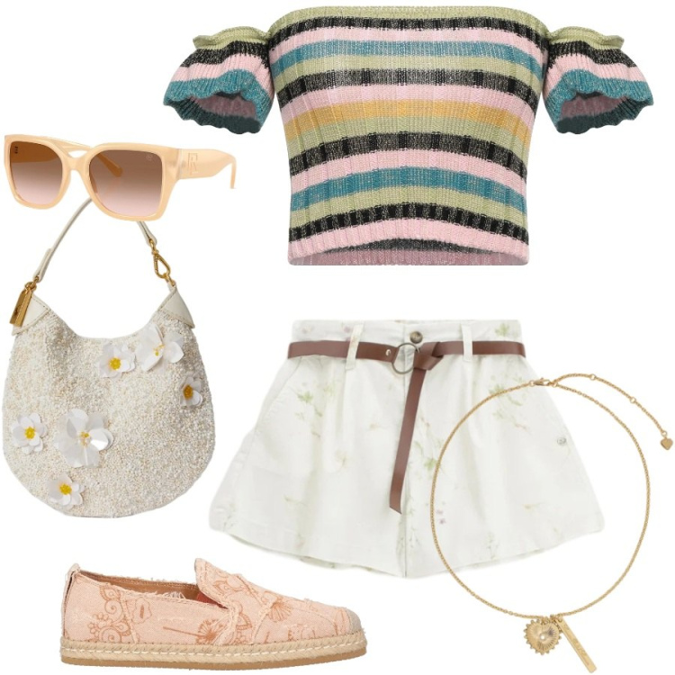 Outfit donna - Aspettando l\' estate. Stile Boho per Mare. Abbinamento con top, espadrillas, shorts, occhiali da sole, ciondoli, pochette.