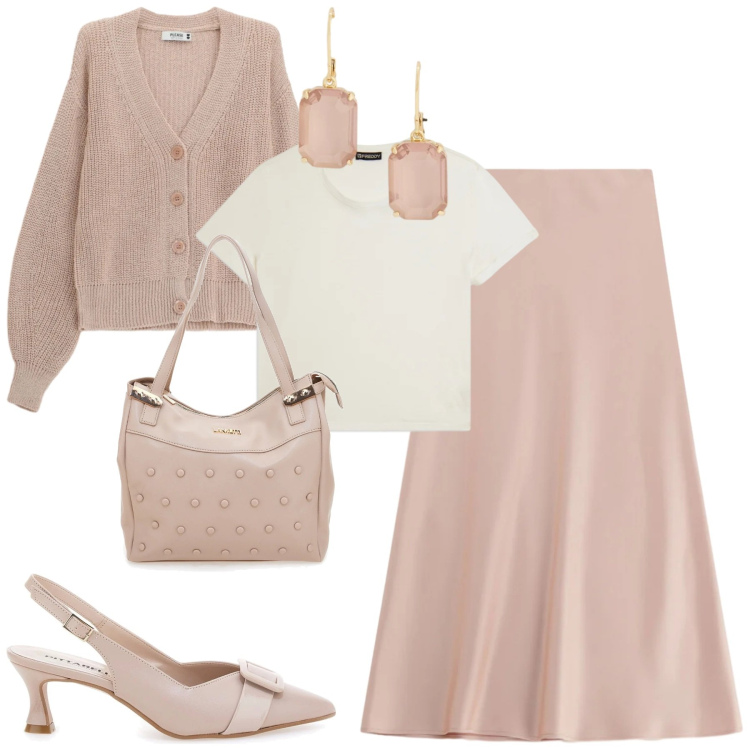 Outfit donna - Rosè. Stile Minimal per Tutti i giorni. Abbinamento con gonne lunghe, cardigans, t-shirt, orecchini, décolleté, shopping bag.